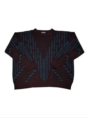 Sir William~Mens VTG 90s Geometric Grandpa Sweater~Cosby Style~Burgundy Blue~2X